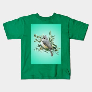 Grey Bird on Branch coral green Kids T-Shirt